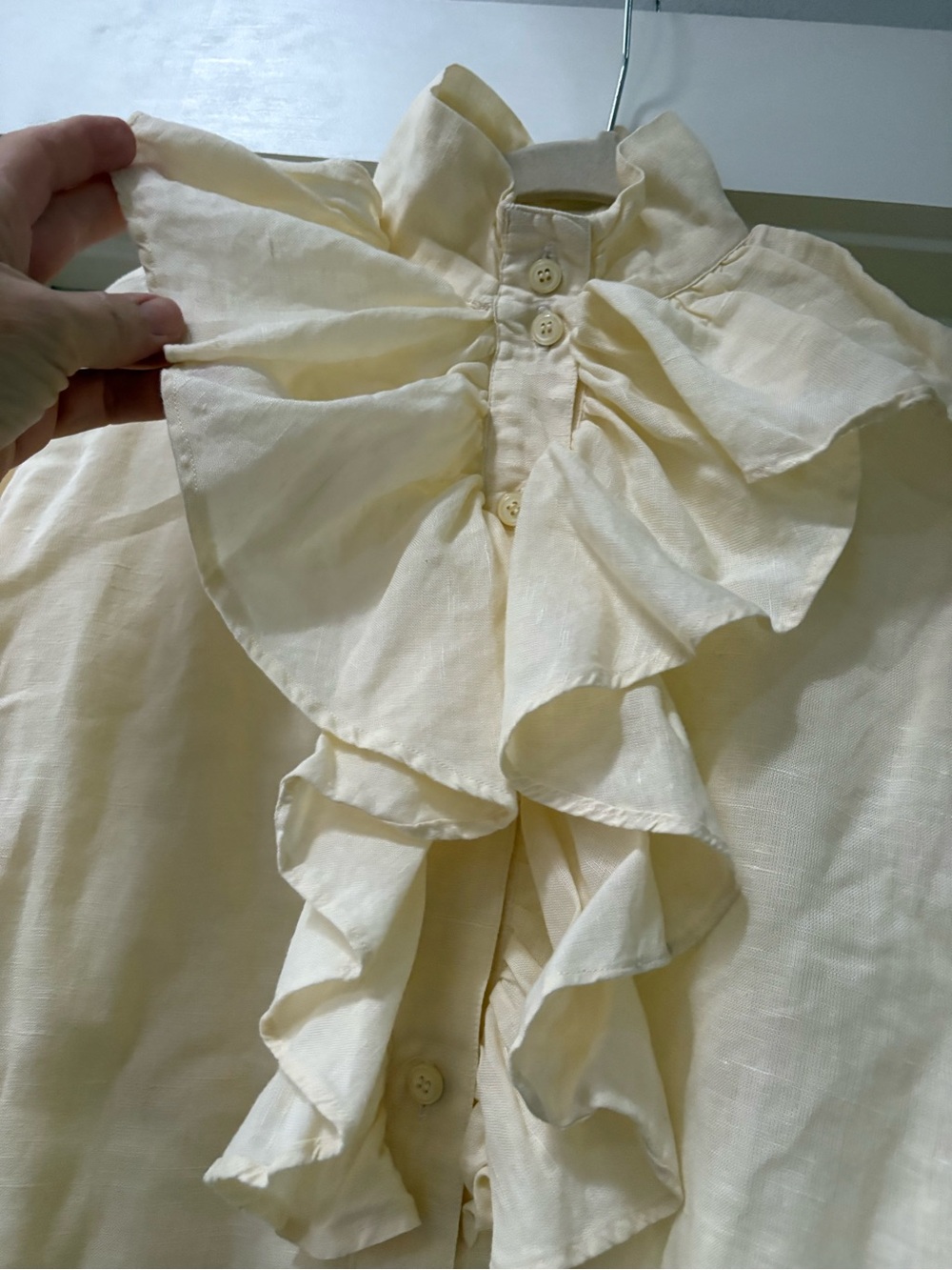 Pale Yellow Ruffle Front Button-Down Blouse - Picture 2 of 8